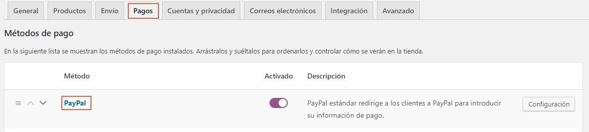 Ajustes checkout paypal