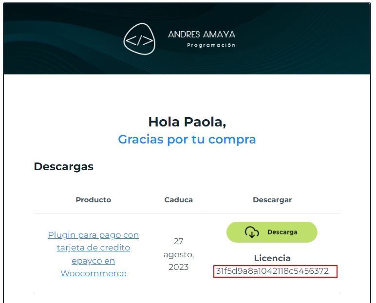 Email confirmación licencia - AA Programación