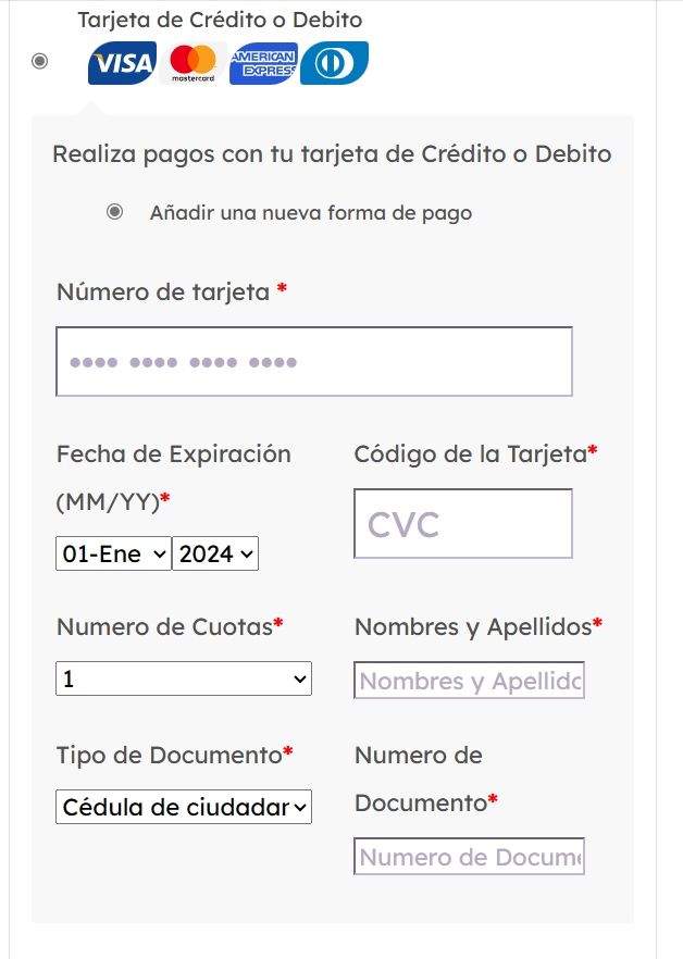 formulario tarjeta de credito por defecto woocommce