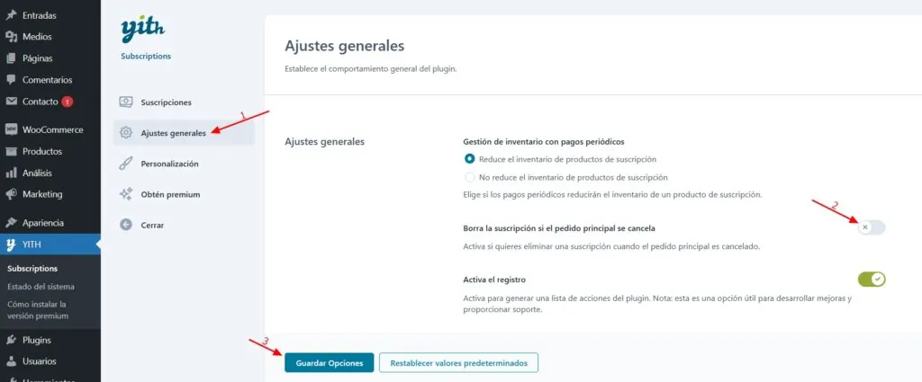ajustes generales plugin yith woocommerce subscription