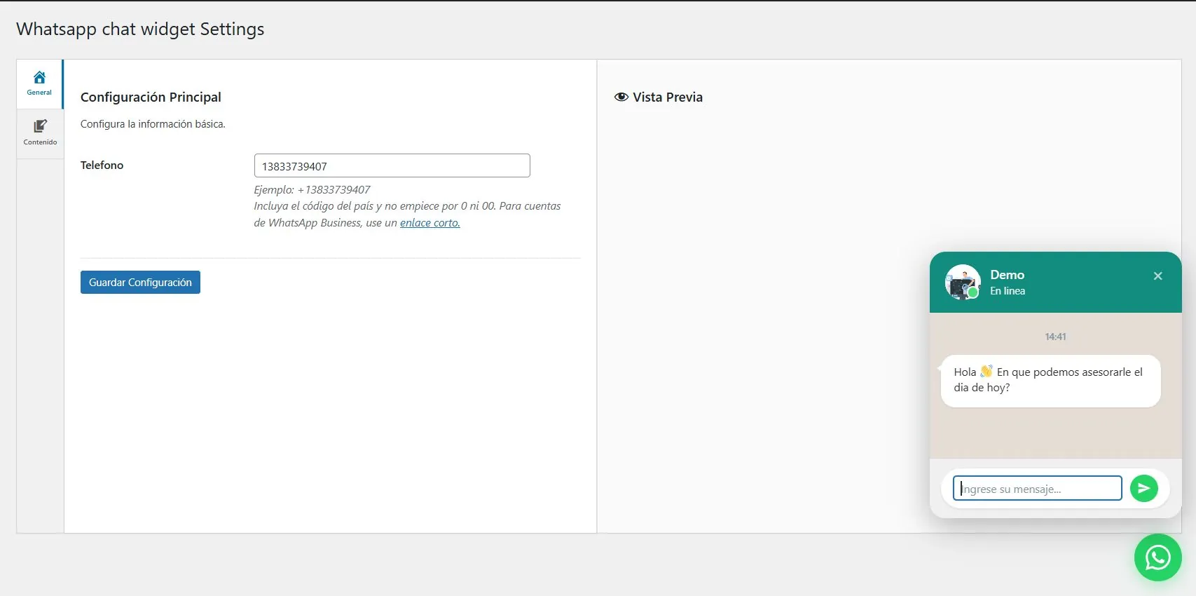 configuracion general Plugin Chat de Whatsapp para Wordpress